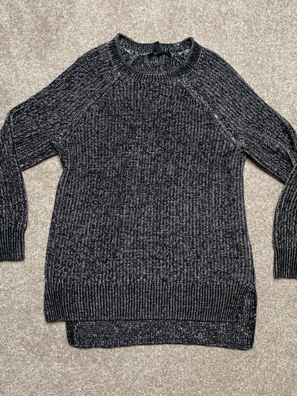 Ellen Tracy Sweater Black Marble Cotton Blend Hi/Lo Long Sleeve Boat Neck SZ/ LG